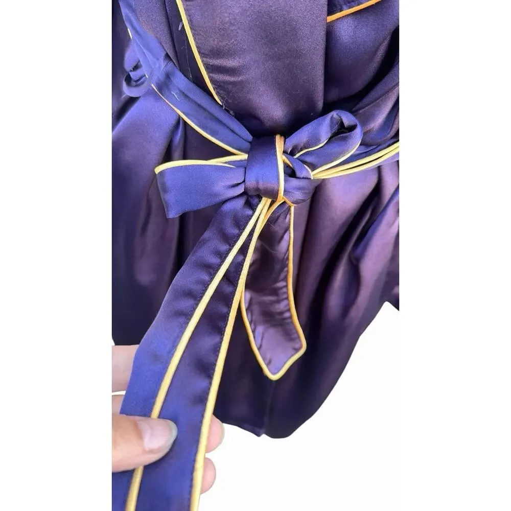Victoria's Secret Satin Kimono Robe XL Dark Purple Gold Trim Long Belted Pockets